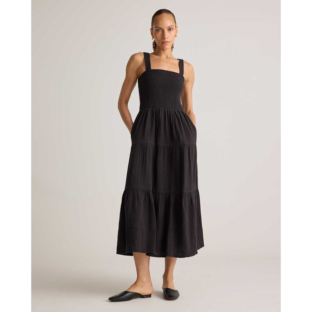 NWT Quince 100% Organic Cotton Gauze Smocked Sleeveless Maxi Dress Black L